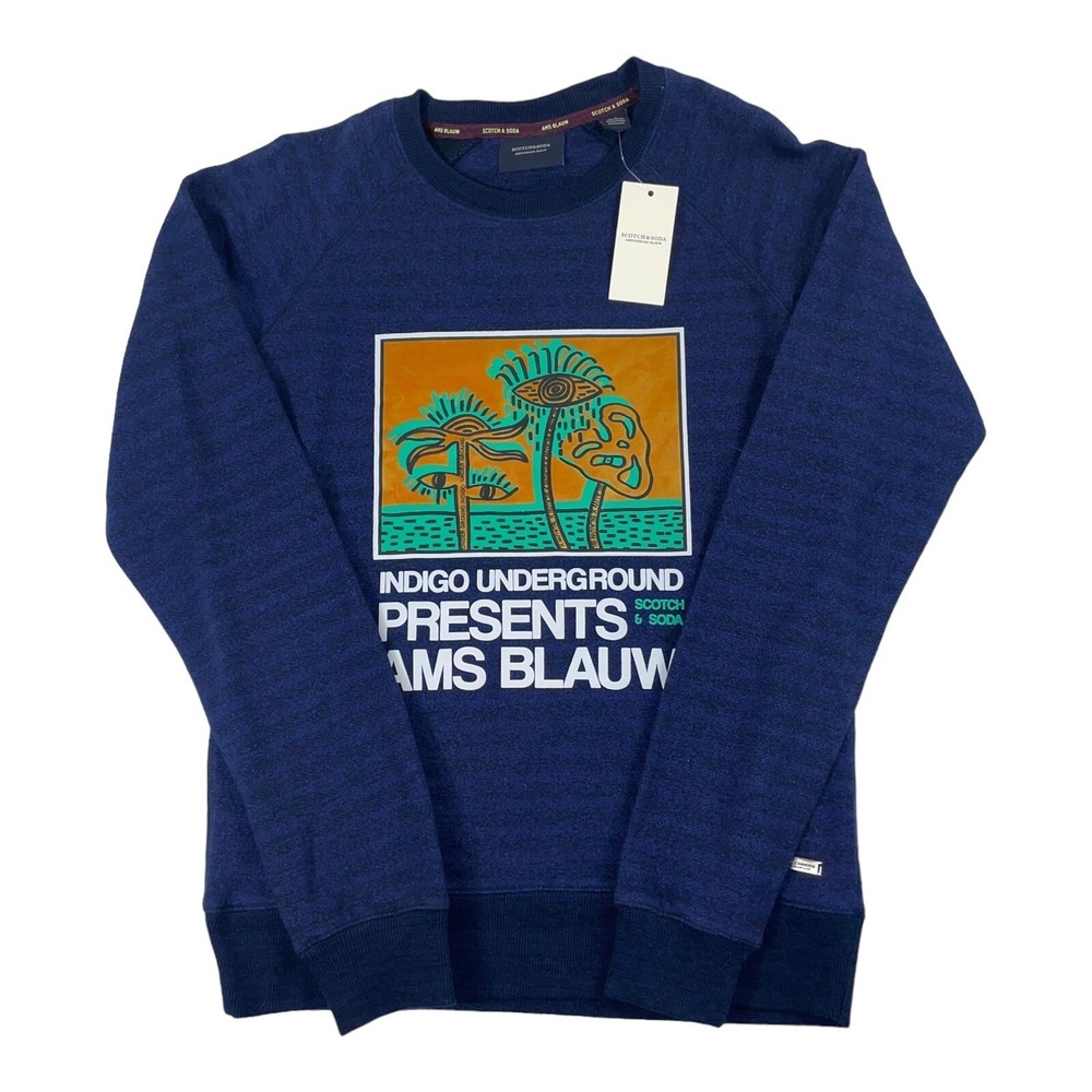 Scotch‎ & Soda Blue Indigo Underground Graphic Crewneck Sweater Size S NWT